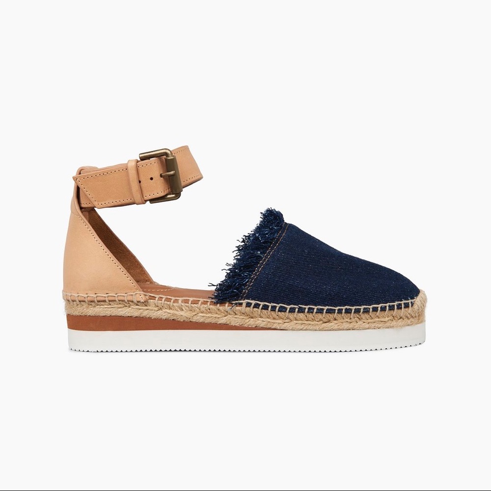 See By Chloe Navy Denim and Tan Espadrille Ankle-Strap Flats